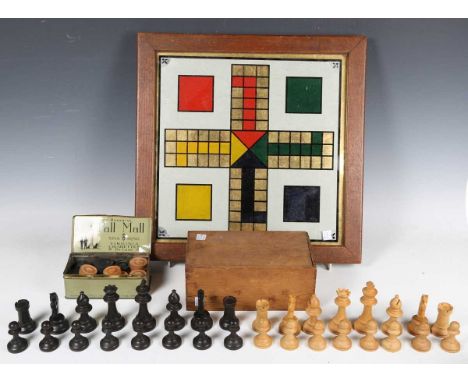 An early/mid-20th century double-sided games board, reverse printed with a chequers and chessboard, 43cm x 43cm, together wit