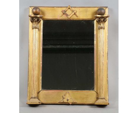 A 19th century giltwood hall mirror, the rectangular frame with architectural columns and Masonic emblem mouldings, height 53