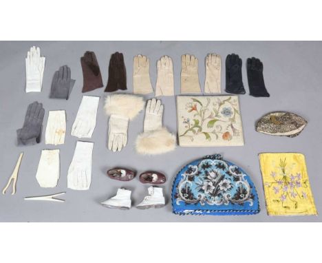 A mixed group of clothing and other textiles, including two pairs of infants' shoes, an Art Deco gilt thread lady's cap, a Vi
