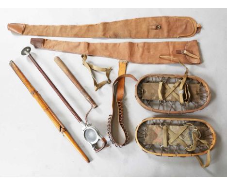 A 19th century British Army campaign folding stool with canvas strap seat, together with a pair of military issue snow shoes,