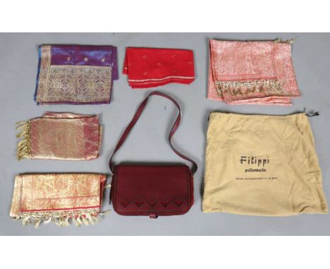 A mixed group of textiles, including five Indian gilt thread embroidered silk panels, a selection of designer silk scarves an