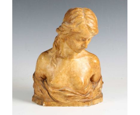 An early 20th century amber-coloured plaster head and shoulders bust of a young lady, the reverse indistinctly inscribed 'Alf
