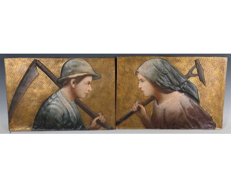 A pair of early 20th century Continental painted and gilt composition wall plaques, each decorated with the portrait of a you