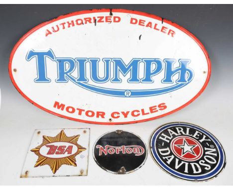 A Triumph Motor Cycles Authorized Dealer advertising sign, width 79cm, a Norton sign, diameter 20cm, a BSA enamel sign and a 