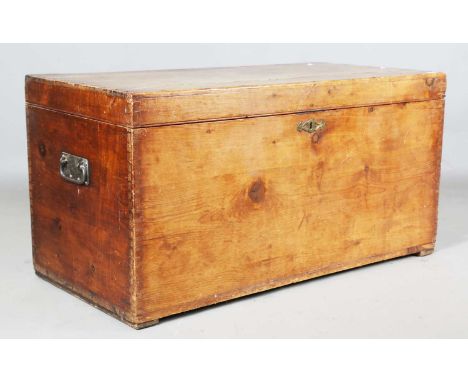 A large 19th century pine trunk, the hinged lid enclosing lift-out trays, height 63cm, width 201cm, depth 62cm. Provenance: c