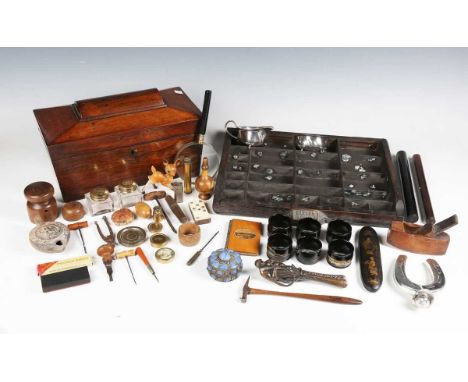 A large mixed group of collectors' items, including a Mauchline ware needlecase, a papier-mâché spectacles case, a Victorian 