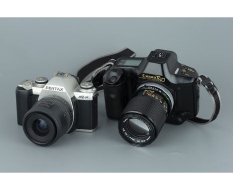 A Canon T90 SLR Camera, with FD S.C. f/3.5 135mm lens, body, G, untested, lens, VG, together with a Pentax MZ-M SLR camera, w