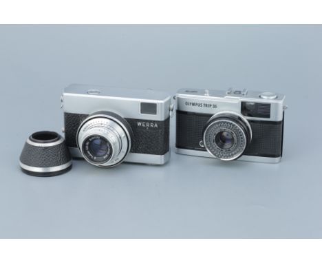 An Olympus Trip 35 Compact Camera, together with a Carl Zeiss Jena Werra 1, shutter working on Trip, iris sticking on Werra (