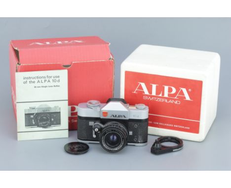 A Pignons Alpa 10d SLR Camera, chrome, serial no. 56454, with Schneider Alpa-Curtagon f/2.8 35mm lens, body, F-G, shutter wor