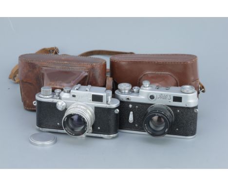 Two Russian 35mm Rangefinder Cameras, including a FED 3 with a Jupiter 8 f/2 50mm lens, and a Zorki 3 with a Jupiter 8 f/2 50