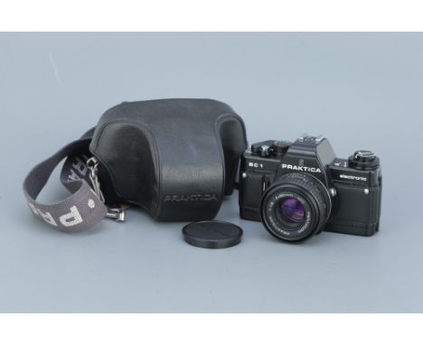 A Praktica BC 1 35mm SLR Camera, black, with a Pentacon Prakticar f/1.8 50mm lens, body, VG, shutter working in manual, untes