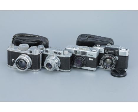 Four Compact 35mm Cameras, including Robot I, with Carl Zeiss Jena Biotar f/2 40mm lens, Rollei B35, Olympus Pen-D and Pax (a