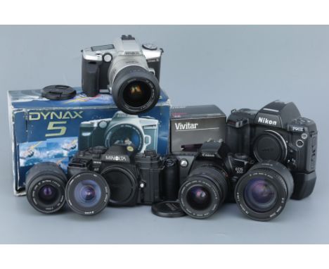 A Selection of Various SLR Cameras, including Nikon F90x, Vivitar f/3.8 19mm lens, Minolta 9000 and more (a lot)