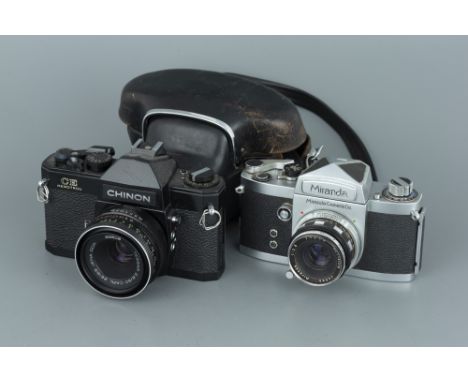 A Miranda D SLR Camera, together with a Chinon CE Memotron, both with standard lenses, bodies, G, shutters working, lenses, F