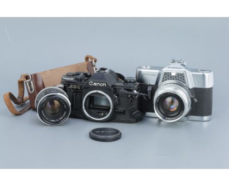 A Canon AE-1 SLR Camera, black, with FL f/1.8 50mm lens, body, untested, lens, VG, together with a Voigtländer Ultramatic, wi