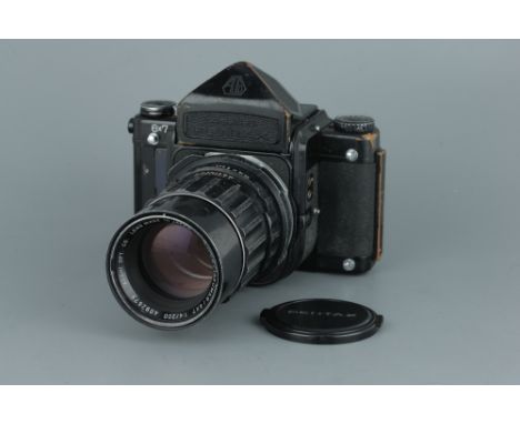 An Asahi Pentax 6x7 Medium Format SLR Camera, with Super-Takumar 6x7 f/4 200mm lens, body, P-F, shutter may require attention