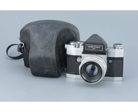 A Warner 66 Medium Format Camera, chrome, with a Rittron f/2 80mm lens, body, F-G, shutter working but mirror mechanism needs