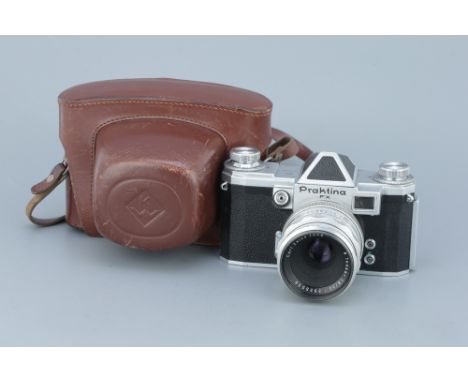 A Praktina FX SLR Camera, chrome, with a Carl Zeiss Jena Tessar f/2.8 50mm T lens, body, G, shutter working, lens, VG, slight