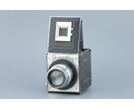 A Primarflex Medium Format Camera, chrome &amp; black, with a Meyer Gorlitz f/2.8 100mm lens, body, F-G, shutter cycles but c