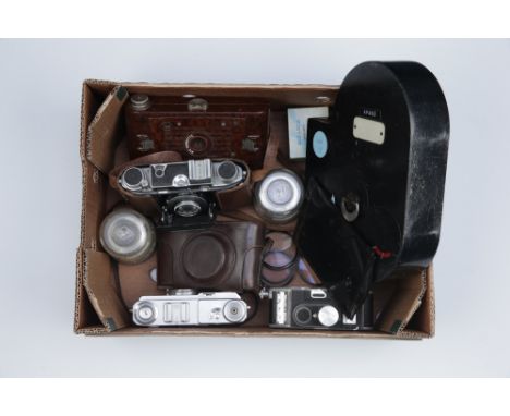 A Selection of Photographic Items, including a 100' 35mm movie camera magasine, a Contax II rangefinder camera, a Paillard Bo