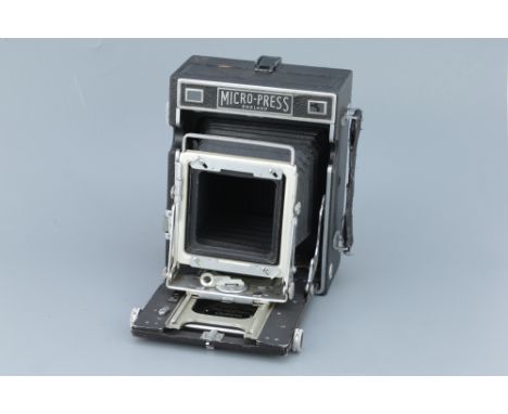 A Micro Precision Micro Press Camera, black, 4x5, without lens or film holder, body, G, focal plane shutter works with good t
