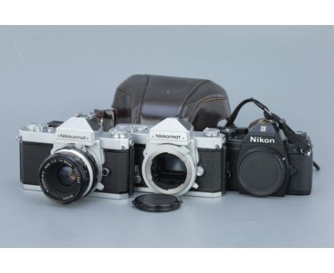 Three Nikon SLR Cameras, including NIkkormat F2, Nikkormat FTn and EM, one with standard lens (a lot)