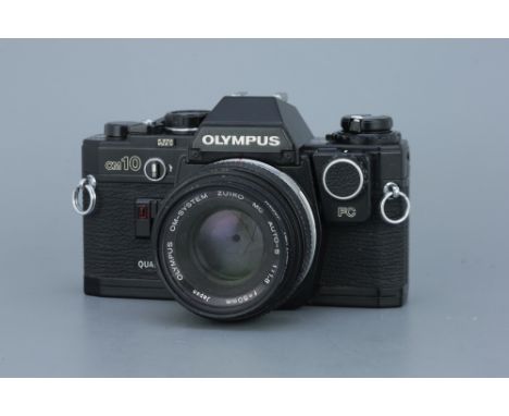 An Olympus OM-10 SLR Camera, black, with an Olymus OM Zuiko MC Auto-S f/1.8 50mm lens, body, VG, untested, lens, F, single fu