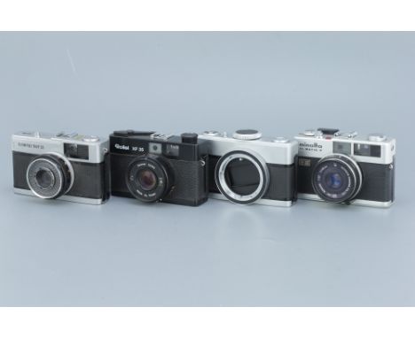 Four 35mm Compact Cameras, including a Rollei XF 35, an Olympus Trip 35, an Olympus C-35, and a Minolta Hi-Matic F (4)