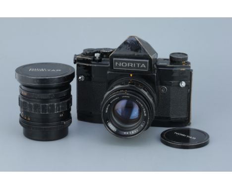 A Norita 66 Medium Format Camera, black, with a Noritar f/2 80mm lens, and a Noritar f/4 40mm lens, body, F-G, shutter workin