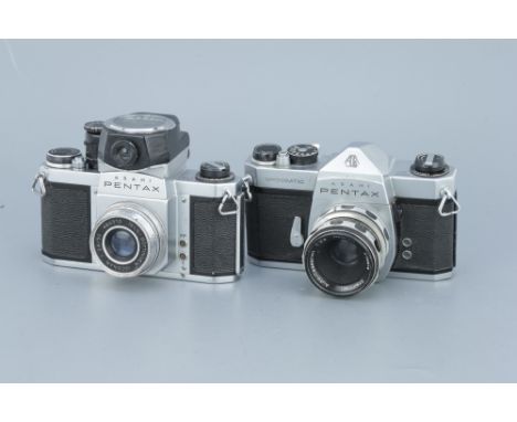 Two Pentax SLR Cameras, including a Spotmatic and an S1a camera, both require attention,