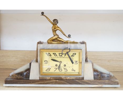 An Art Deco marble and bronze figural clock 52cm