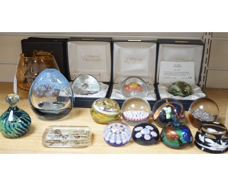 2 Caithness glass vases together with 11 various paperweights, including 3 boxed Caithness and a Baccarat paperweight.