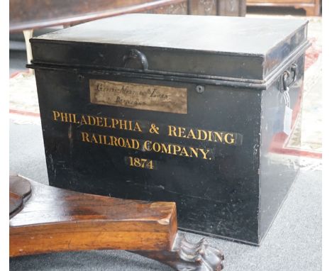Philadelphia and Reading Railroad Company 1874. A 19th century tin document trunk, width 61cm depth 46cm height 47cm