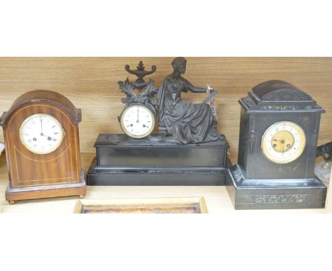An inlaid mahogany mantel clock, slate mantel clock and a figural spelter mantel clock (3)