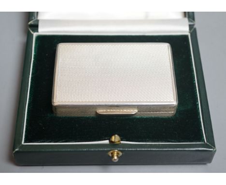 A modern cased engine turned silver rectangular pill box, by Peter John Doherty, London, 2007, 64mm, engraved 'Gallagher' on 