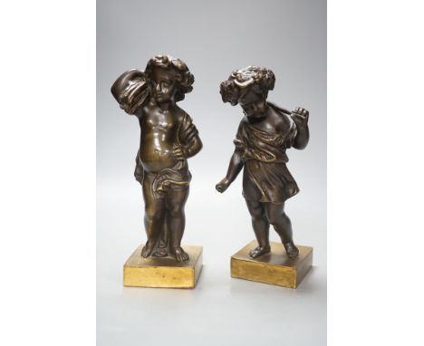 A pair of late 19th century bronze cherubs, emblematic of the seasons, Summer and Autumn, 21cm high