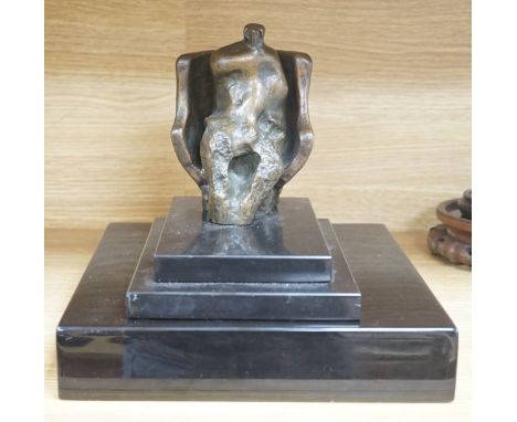 Attributed to James Butler b.1931, an abstract bronze seated figure on three tier plinth - 26.5cm tall