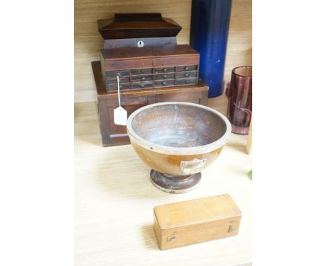 A Victorian sarcophagus tea caddy, stationary box, compound microscope and others