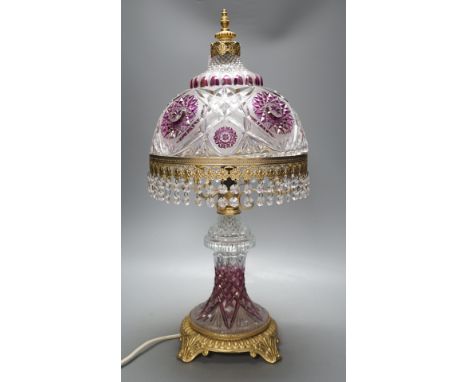 An Italian cut clear, frosted and amethyst glass table lamp with gilt metal mounts-57 cms high.