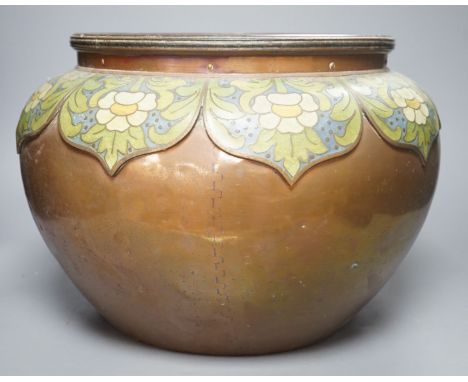 A large Arts and Crafts style copper and champleve enamel jardiniere-26.5 cms high.