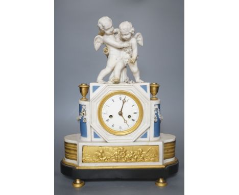 A 19th century French biscuit porcelain and ormolu mounted mantel clock, 43 cm high