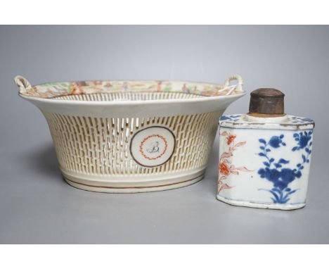 A late 18th century Chinese export famille rose chestnut basket, 27cm long, and a Chinese Imari tea caddy (2)