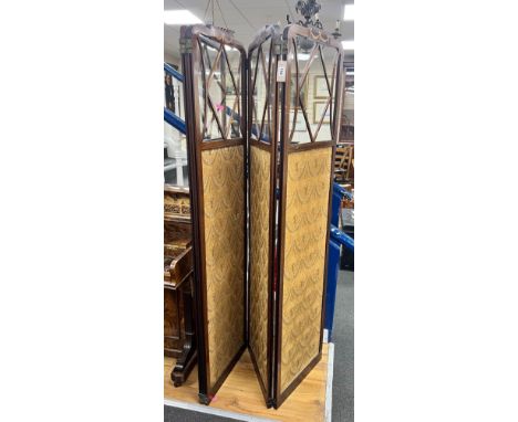 An Edwardian inlaid mahogany four fold part glazed dressing screen, each panel width 46cm height 178cm