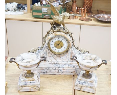 A late 19th century French marble clock garniture with bronze eagle, signed by J Moignier, height 51cm