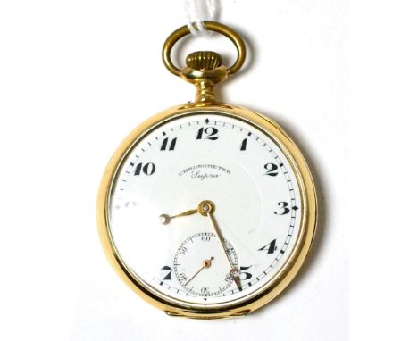 A 14ct gold open faced pocket watch, signed Chronometer Supra, circa 1920, lever movement, enamel dial with Arabic numerals, 