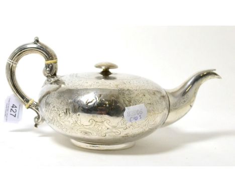 A Victorian silver teapot, John & Albert Savory, London 1841, of compressed globular form with engraved foliage, 29cm long   