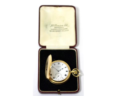 A 9ct gold full hunter pocket watch, signed J.W.Benson, London, 1933, lever movement, enamel dial with Roman numerals, subsid