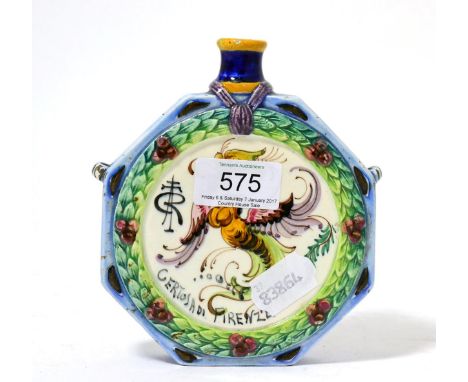 A Certosan Firenze maiolica pilgrim flask, in 16th century style, decorated with a child and mythical beast, 16cm      