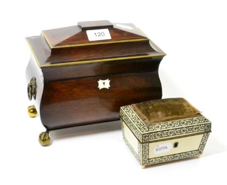 An Anglo-Indian ivory small sewing box, set with a pin cushion, circa 1880, 12.5cm wide; and a Regency brass mounted rosewood