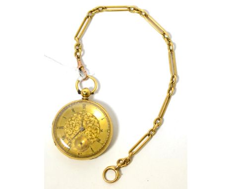 An 18ct gold pocket watch, 1857, fusee lever movement, gold coloured dial with Roman numerals, subsidiary seconds, engine tur